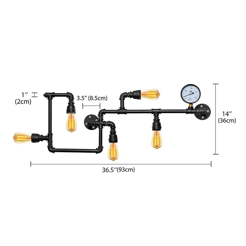 5 Bulbs Wall Lighting Vintage Style Twisted Pipe Metallic Wall Mounted Lamp with Pressure Gauge in Black