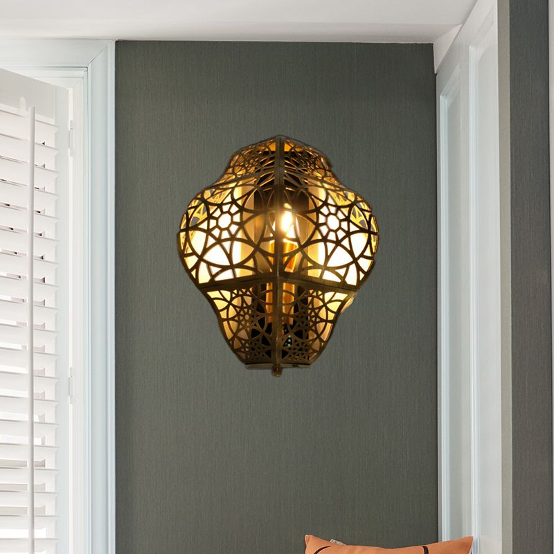 Brass Hollow-Out Sconce Light Arab Metallic 1 Bulb Corner Wall Mount Lamp Fixture