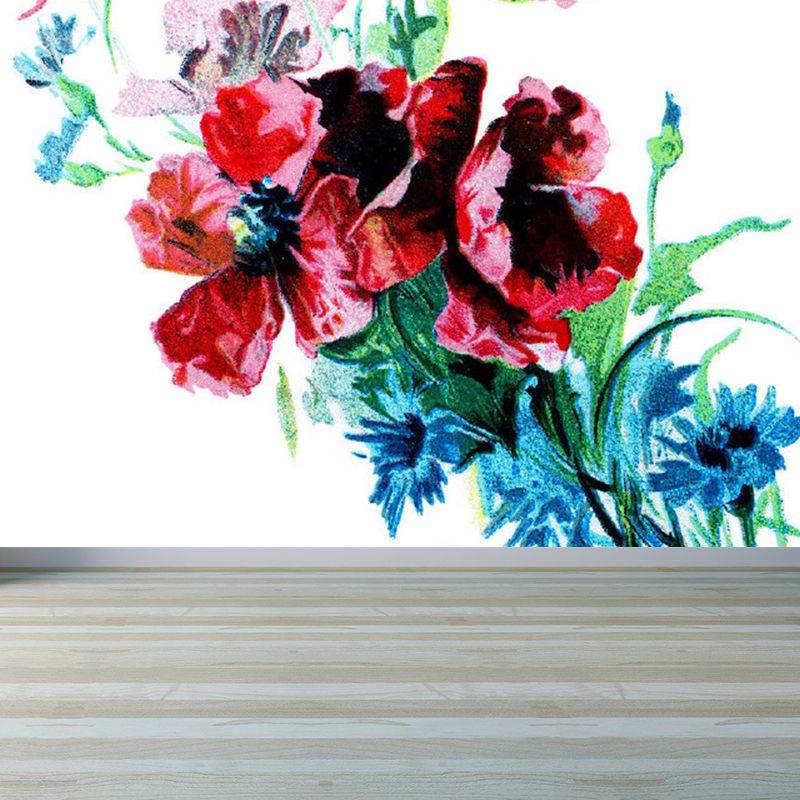 Contemporary Flower Print Mural Decal Red Dining Room Wall Covering, Personalized