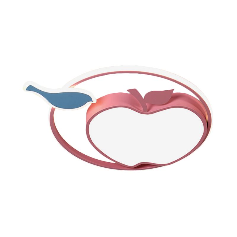 Pink Apple Ceiling Lamp Cartoon Acrylic Integrated LED Flush Mount Fixture in Warm/White Light for Kids Bedroom