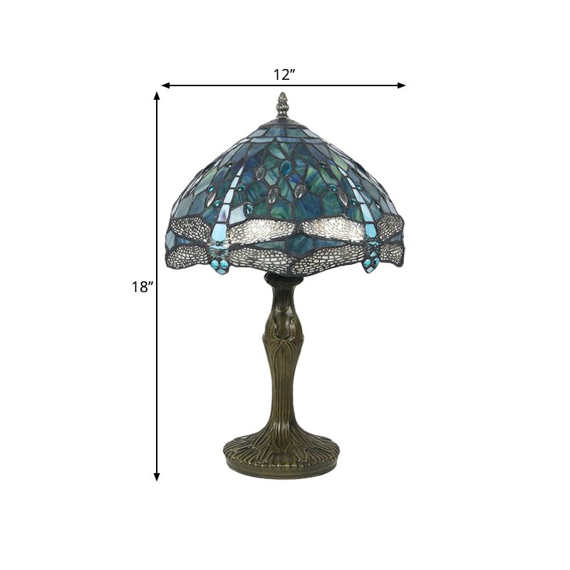 Bowl Stained Glass Night Lamp Mediterranean 1-Light Brass Nightstand Light with Dragonfly Pattern