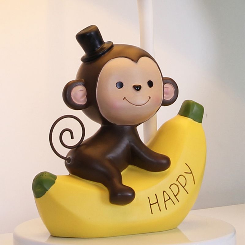 Fabric Floral Shade Table Light with Banana Monkey Kids Bedroom 1 Bulb Cartoon Reading Light in Beige