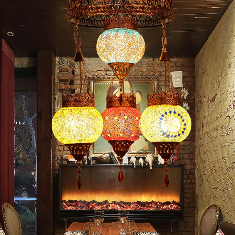 4 Heads Ceiling Chandelier Traditional Lantern Stained Glass Suspension Lighting Fixture in Copper for Restaurant