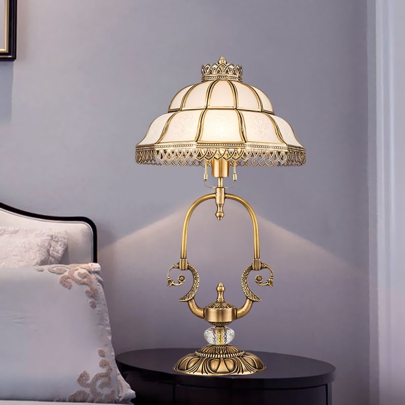 1/2-Light Dome/Bowl Night Lamp Traditional Gold Finish White Glass Nightstand Light with Peacock/Elliptical Frame Design