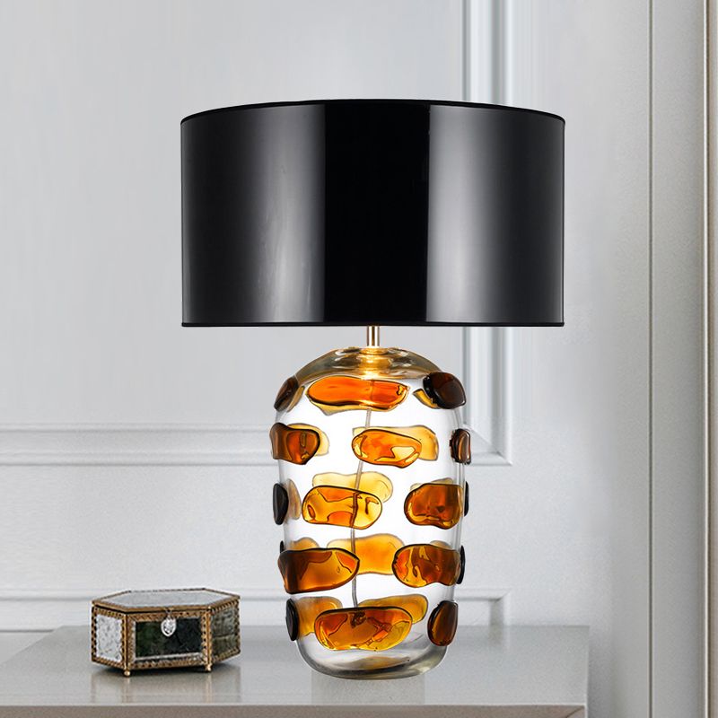Yellow/Blue Jar Nightstand Light Modern 1 Bulb Clear Glass Desk Lamp with Drum Black/White Fabric Shade