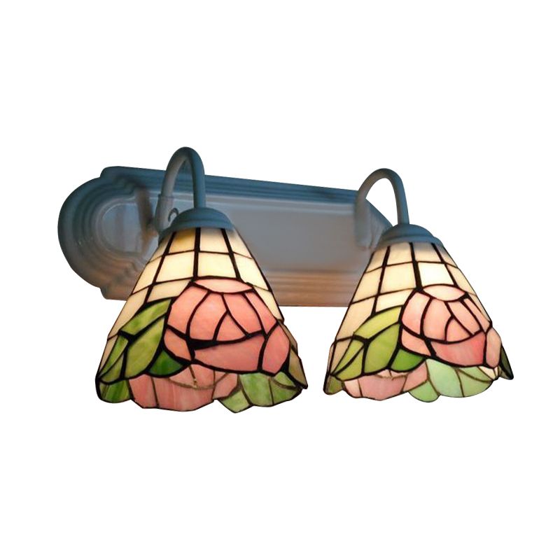 Pink Rose Wall Mount Light Victorian 2 Heads Multicolor Stained Glass Sconce Lighting