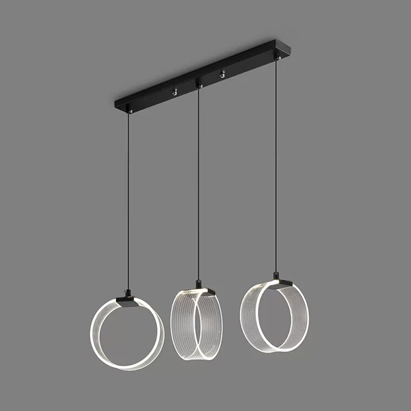 Acrylic Circle Suspension Lighting Retro Style 3 Bulbs Black Multi Pendant Light with Linear Canopy