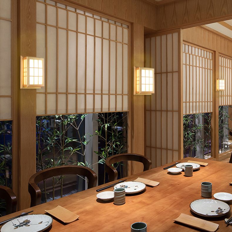 Rectangular Wood Wall Light Japanese 1-Light Wall Mount Light for Dining Room