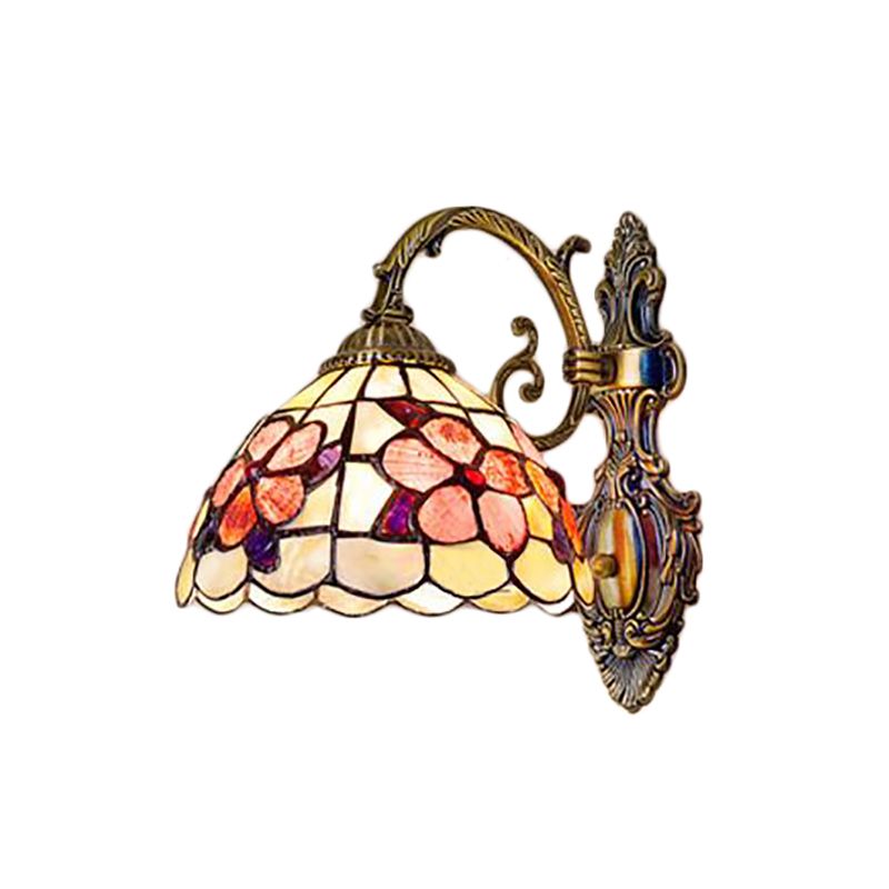 Bowl-Shaped Wall Mount Fixture Stained Glass 1 Light Wall Lighting with Flower Pattern in Antique Brass