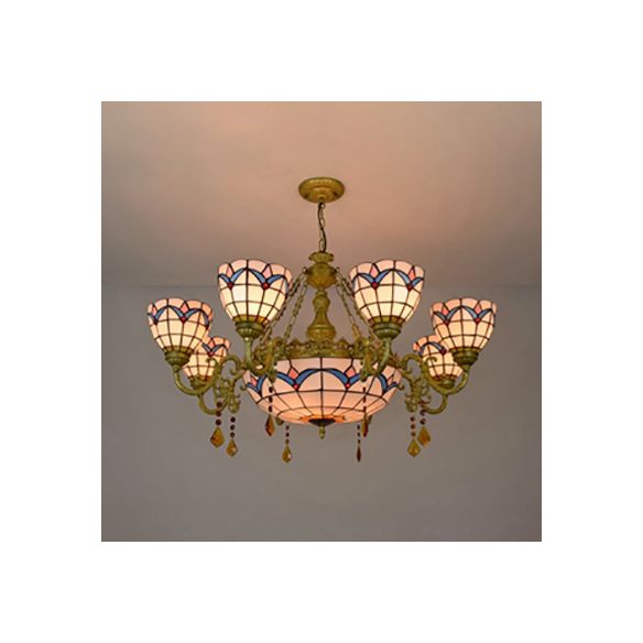 9 Lights Bowl Suspension Light Rustic Stained Glass Tulip Chandelier Light with Crystal in White for Bedroom