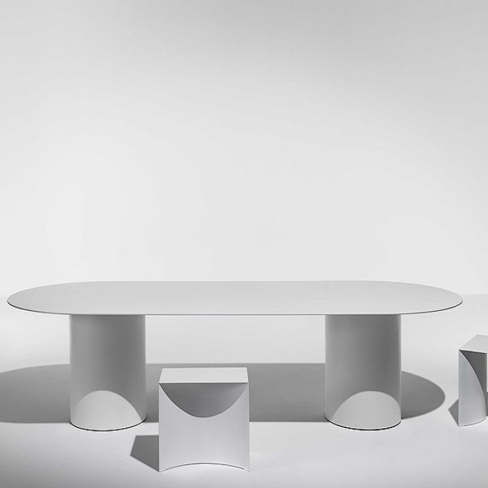 Modern Solid Wood Table for Restaurant Oval Dining Table in White with Double Pedestal