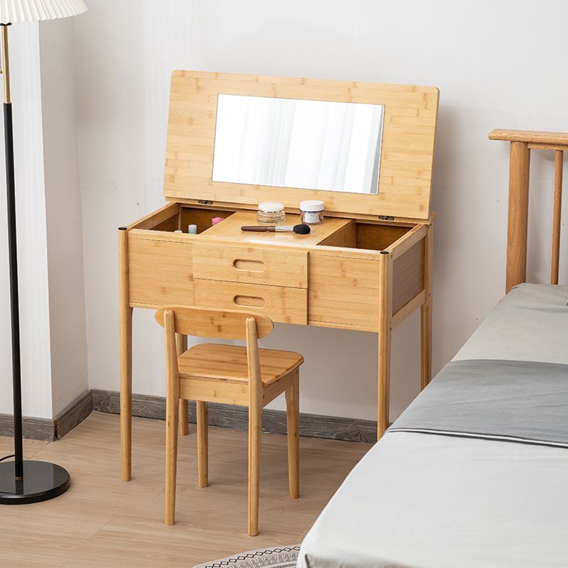Natural Make-up Vanity Bamboo Flip-Top Dressing Table with 2 Storage Drawers