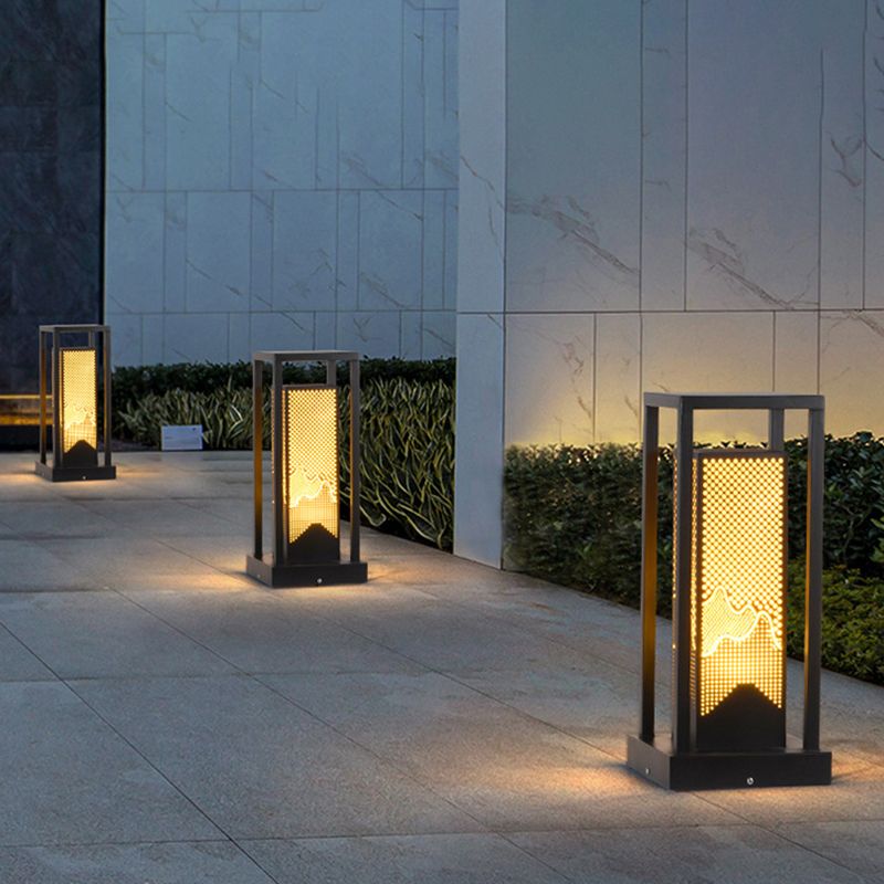 Modern Metal Pillar Lamp Rectangle Outdoor Waterproof Light in Black