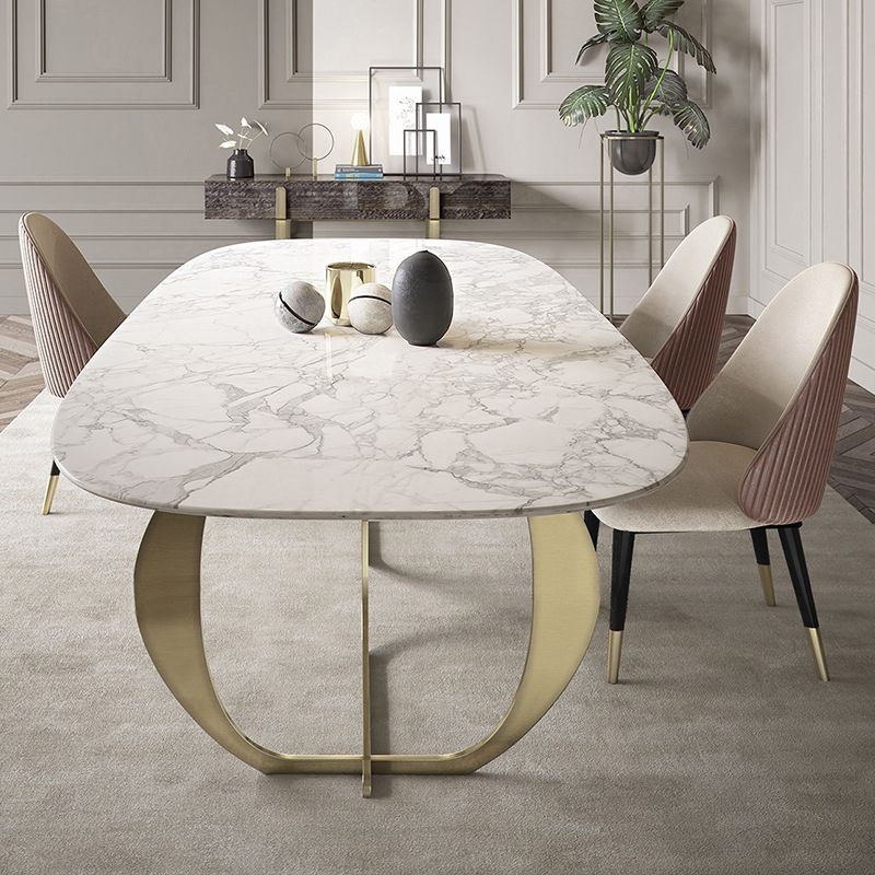 Mesa de comedor tradicional de lujo, mesa ovalada blanca con marco dorado