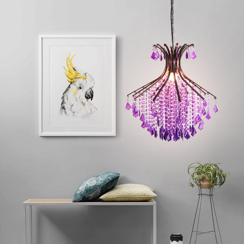 1-Head Pendant Ceiling Light Traditional Restaurant Suspension Lighting with Cascade Crystal in Purple