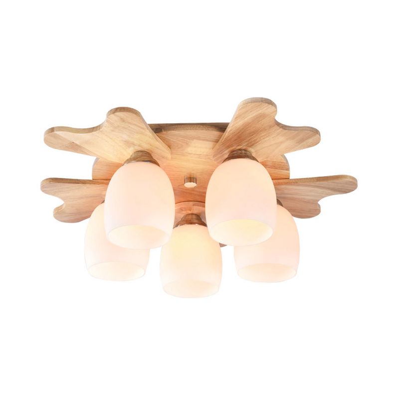 Cream Glass Bell Flush Ceiling Light Nordic 1/5/7-Head Semi Mount Lighting with Antler Top in Wood