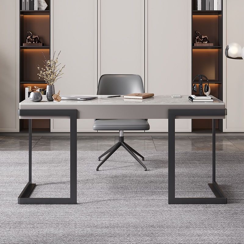 Modern Style 2-drawer Office Desk Sintered Stone Gray Top Desk for Home