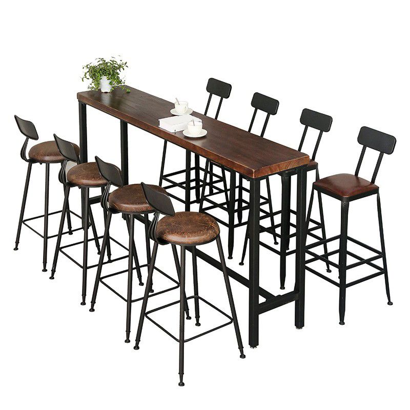 Industrial Brown Pub Table Rectangle Solid Wood Bar Height Table with Trestle Base