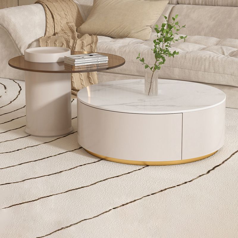Drum Coffee Table Round Slate Top Cocktail Table with 2 Storage Drawers