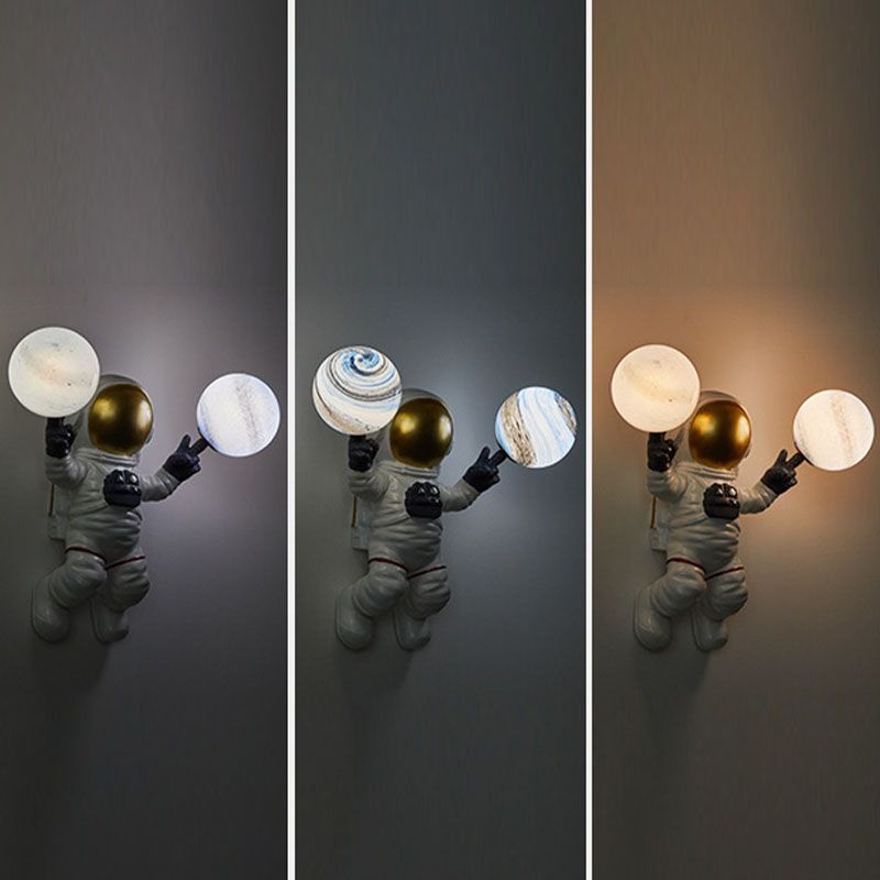 Blown Glass Planet and Astronaut Wall Light Kids Style 2-Head Wall Lighting Fixture