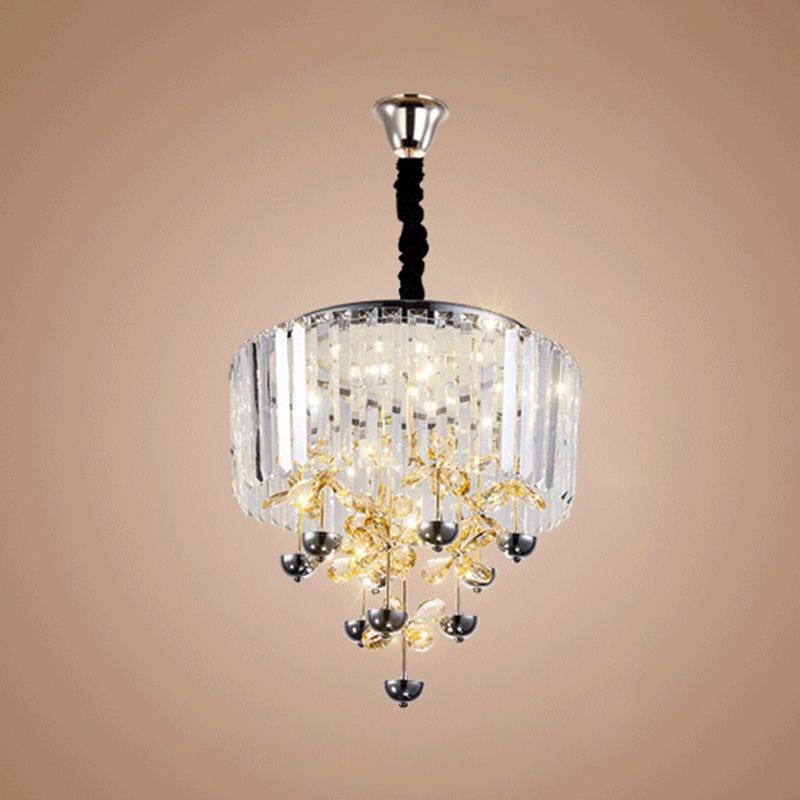 Strip Crystal LED Hanging Chandelier Contemporary Clear Drum Living Room Drop Lamp with Inner Flower Branch Decor