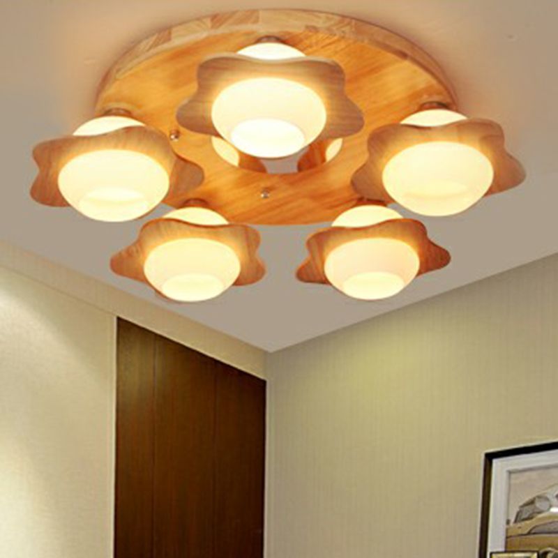 5 lichten slaapkamer spoelplafondlicht modern hout spoeling met bloem ivoor glazen schaduw