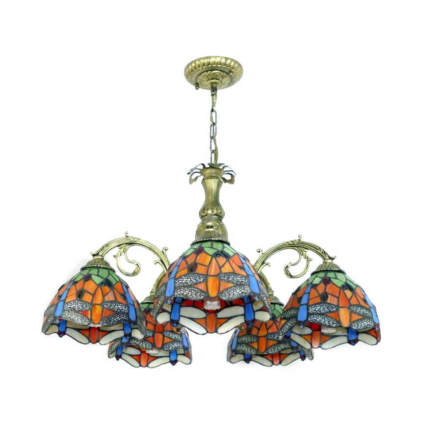 Stained Glass Dragonfly Hanging Chandelier Rustic Lodge 5/8 Lights Suspension Light for Stairway