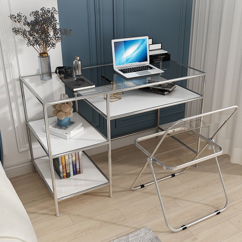 Glass Rectangular Writing Desk Contemporary Style Office Desk with Storage Shelves