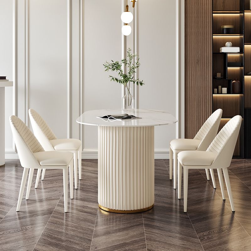 Linen White Finish Modern Oval Stone Top Dining Table with Double Pedestal Base