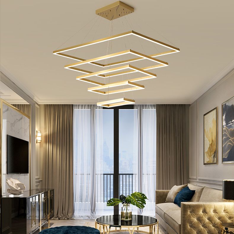 Iluminación de techo LED de 4 niveles rectángulo lámpara de lámpara de oro de aluminio moderno