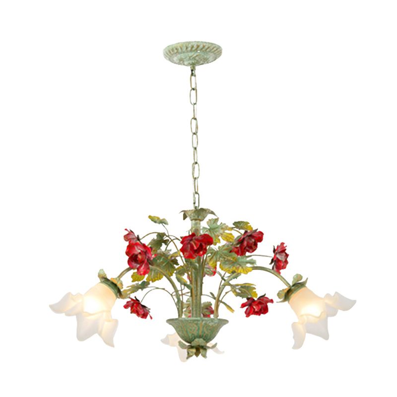 Green Spread Hanging Pendant Pastoral Style Cream Glass 3/5/8-Head Dining Room Flower Chandelier