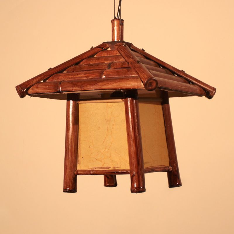 1 Bulb Restaurant Ceiling Light Asian Brown Pendant Lighting Fixture with Tower Wood Shade