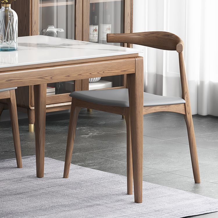 Mesa de comedor rectangular moderna de mediados de siglo, mesa de piedra sinterizada con base de madera de 4 patas