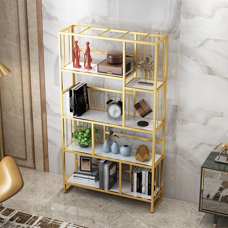 Glam Vertical Open Etagere Bookshelf Iron Frame Manufactured Wood Shelf Bookcase