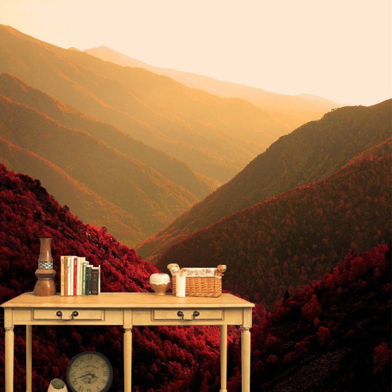Rose Red Modern Mural Wallpaper Full Size Sunrise Mountain Scenery Wall Covering for Home