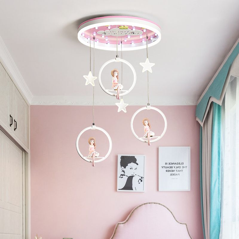 Pink/Blue Circle Flush Mount Lamp Kids Metal LED Ceiling Light Fixture with Suspended Princess/Astronaut