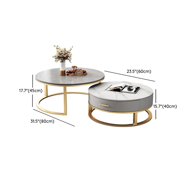 Slate Top Coffee Table Set Round Frame Cocktail Table with Storage Drawers