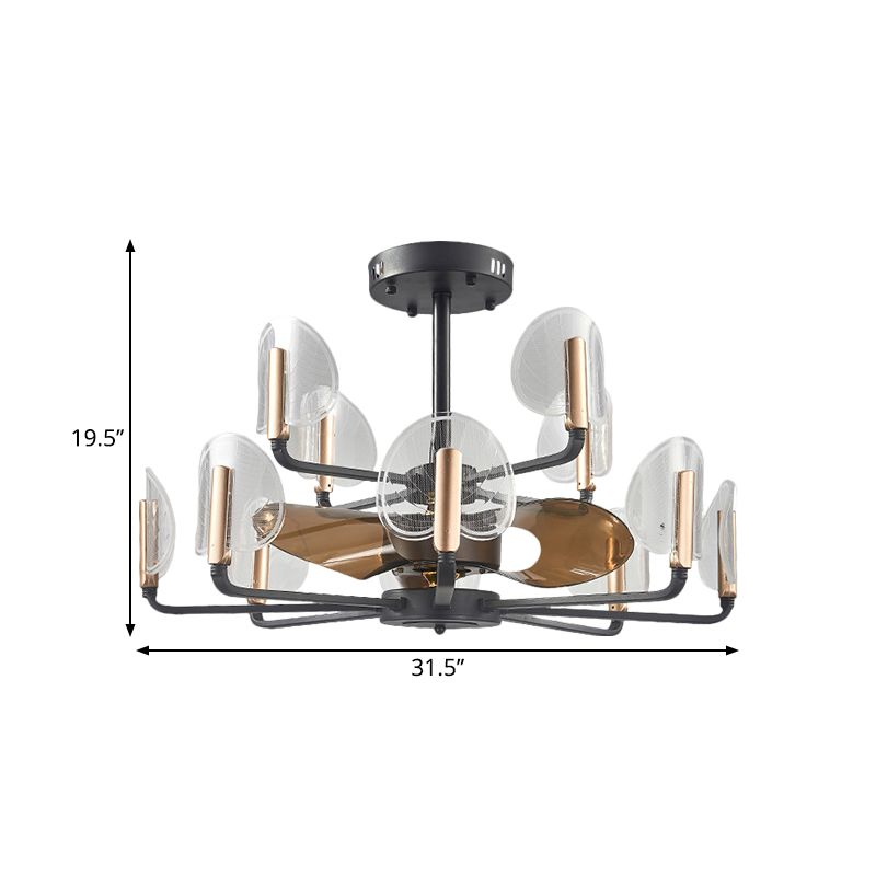 Acryl Cattail Leaf Vorm ventilator Licht Modern 31,5 "Breedte 12 Kops Zwart Radiale semi -spoelige gemonteerde lamp met 3 bruine messen