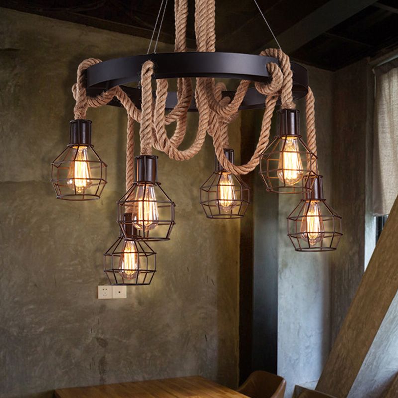 Natural Rope Brown Chandelier Geometric Shape Countryside Suspension Light Fixture