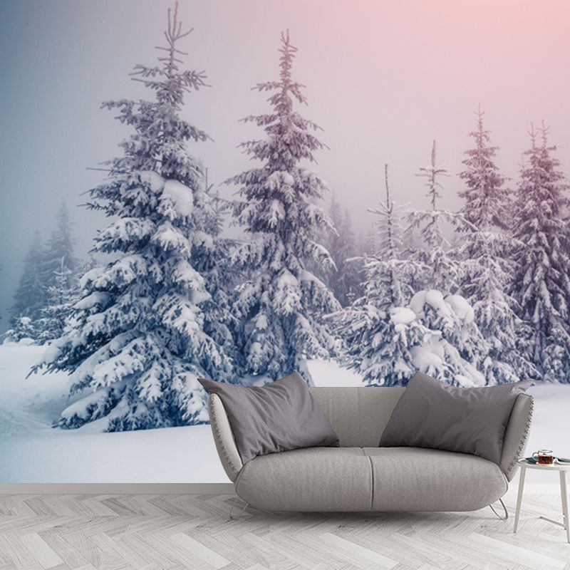 Pink Sky Snow Cypress Mural Wallpaper Washable Contemporary Bedroom Wall Art, Non-Woven