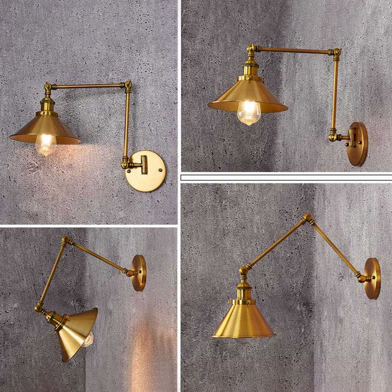Industrial Style Swing Arm Wall Sconce Metal 1 Light Sconces in Gold for Bedroom