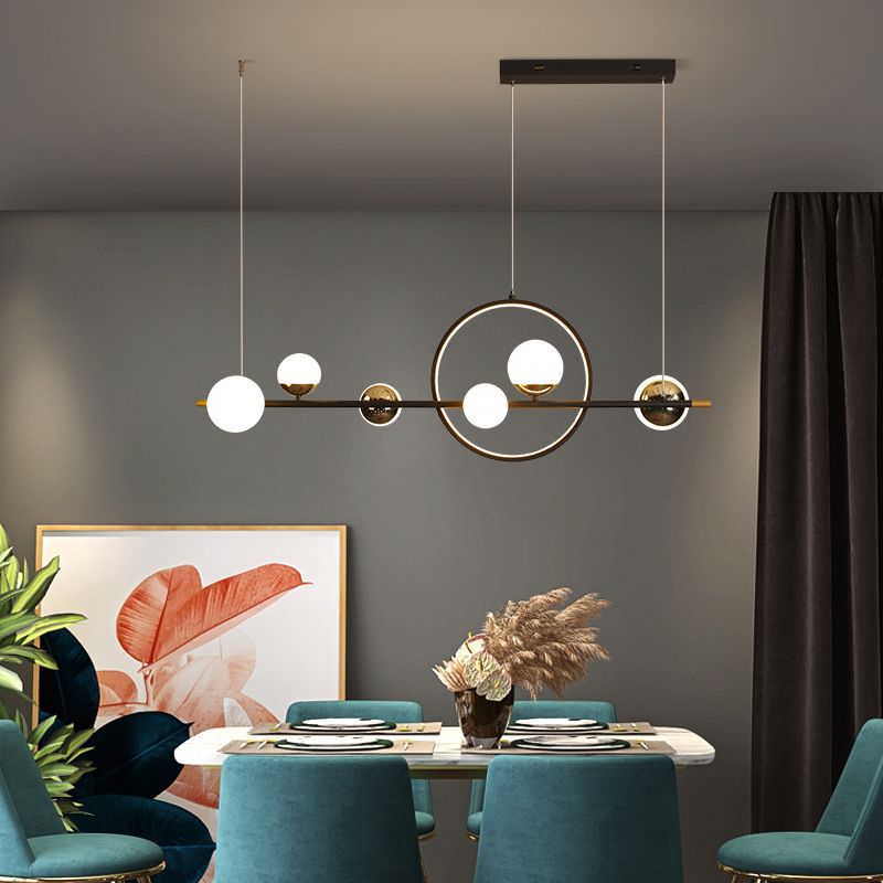 Modern Kitchen Island Fixture 6 - Head Metal and Glass Ceiling Pendant Lighting in Black