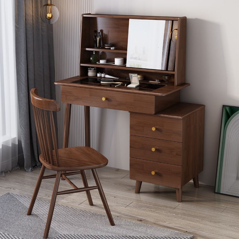 Mirrored Wood Makeup Dressing Table Stool Set in Natural/Walnut Finish