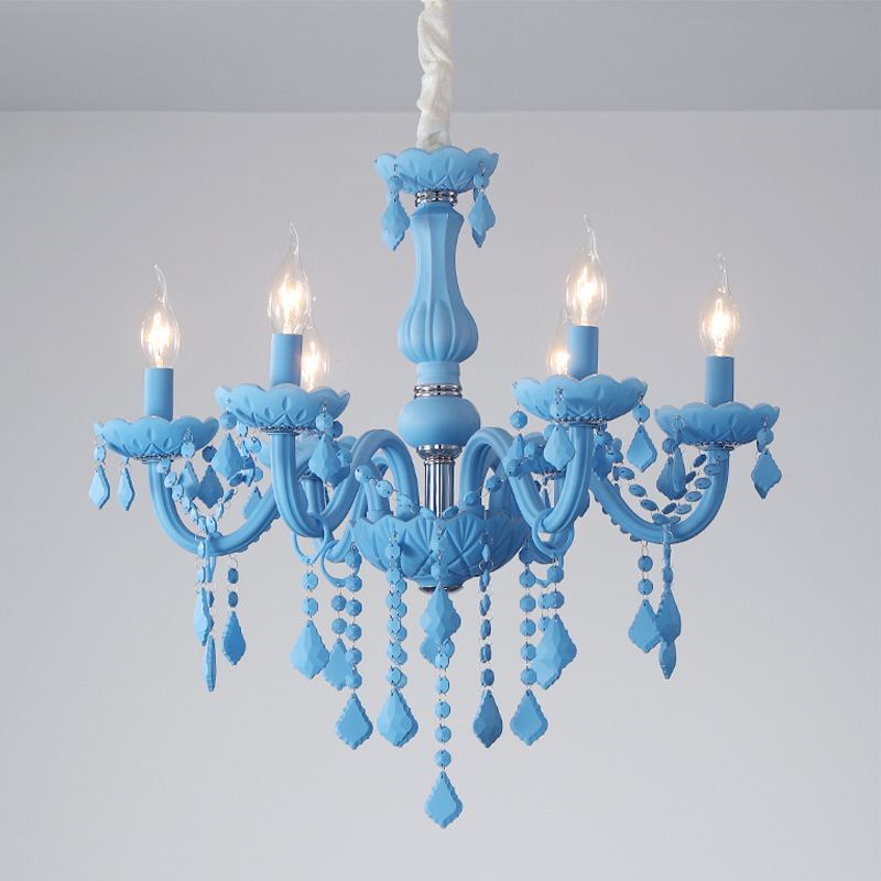 Multi Light Candle Branch Hanging Pendant Modern Style Crystal Hanging Lighting in Blue