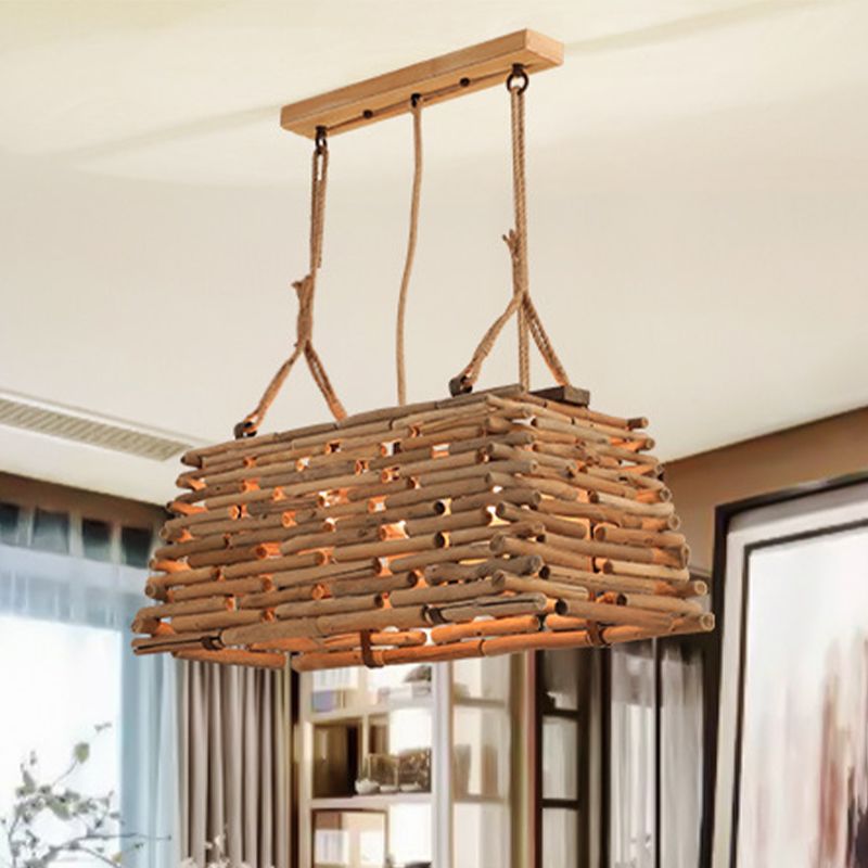 Japanese Trapezoid Pendant Chandelier Wood 3 Heads Hanging Ceiling Light in Brown for Dining Room