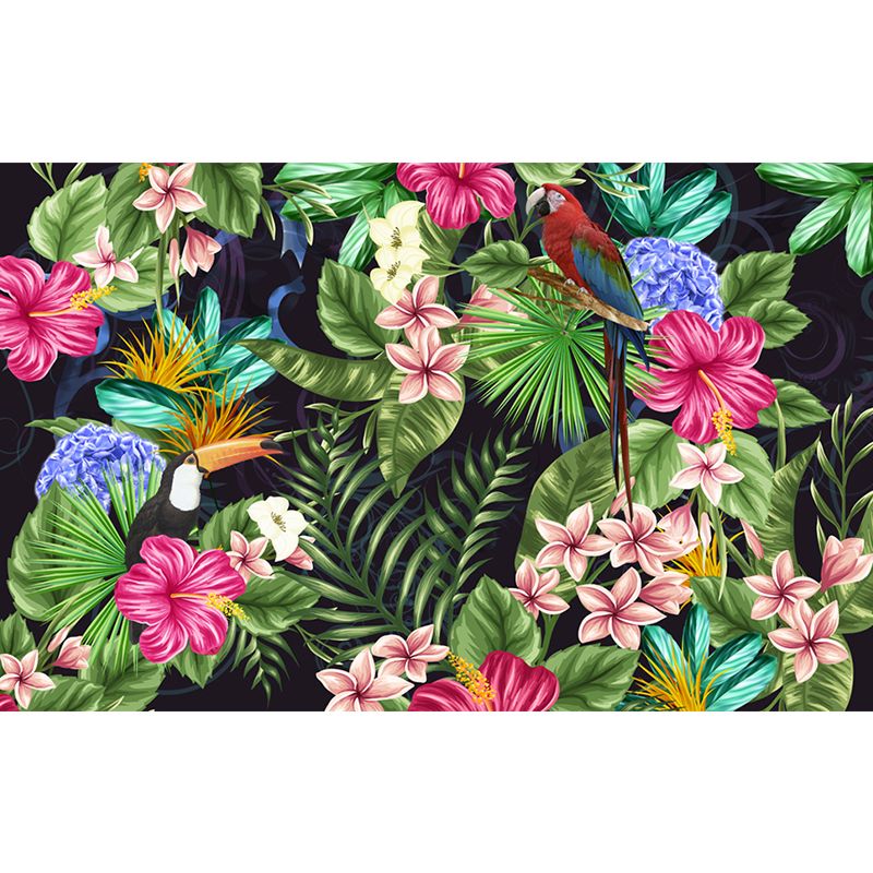 Green Jungle and Flower Mural Wallpaper Stain-Resistant Wall Decor for Guest Room