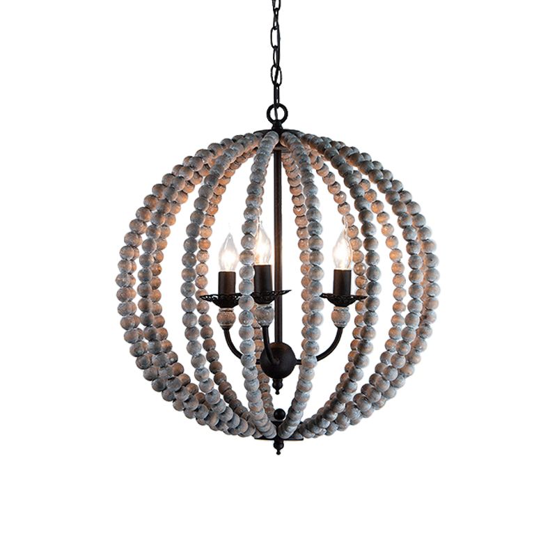 Wood Ceiling Chandelier Beaded Sphere Traditional Pendulum Light with Inner Candelabra Design