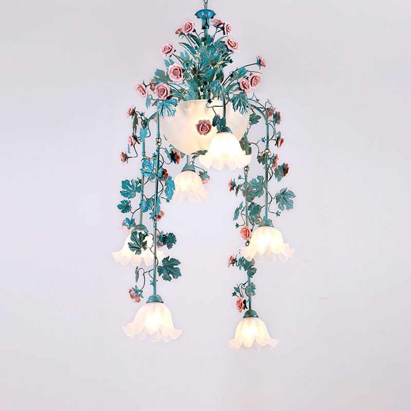 Ceramic Potted Flower Chandelier Pastoral Living Room Suspension Light with Bowl Opal Glass Shade
