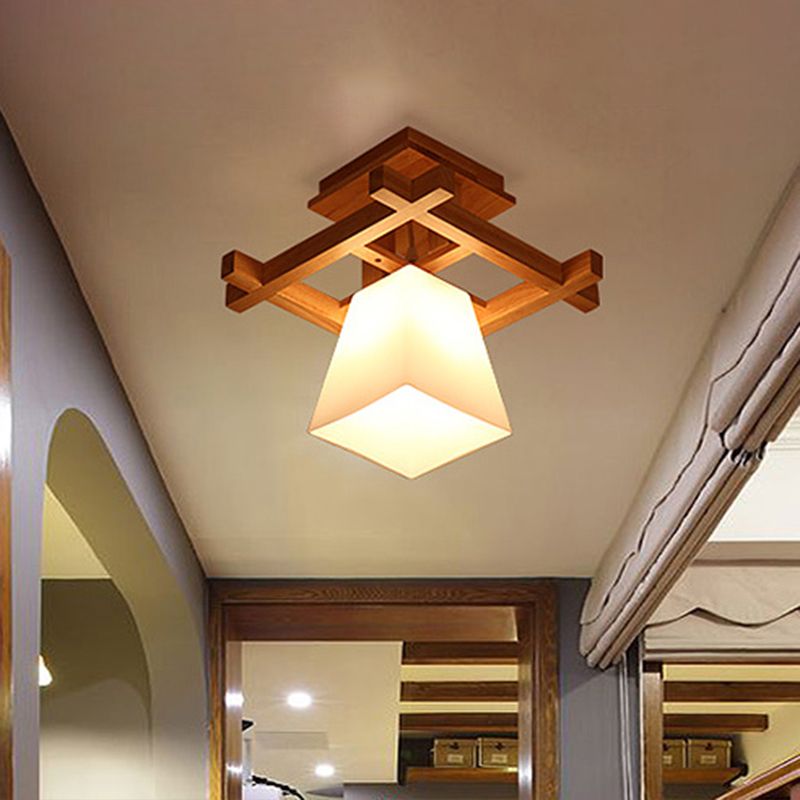 Wood Trapezoidal Ceiling Light Nordic Single-Bulb White Glass Semi Flush Mount for Foyer