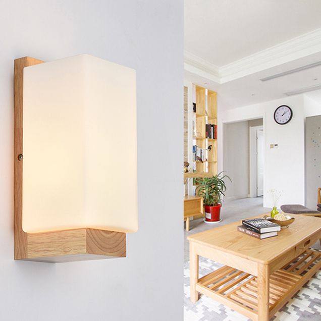Estilo japonés de pared de madera de madera apliques de pared geométrica con vidrio blanco